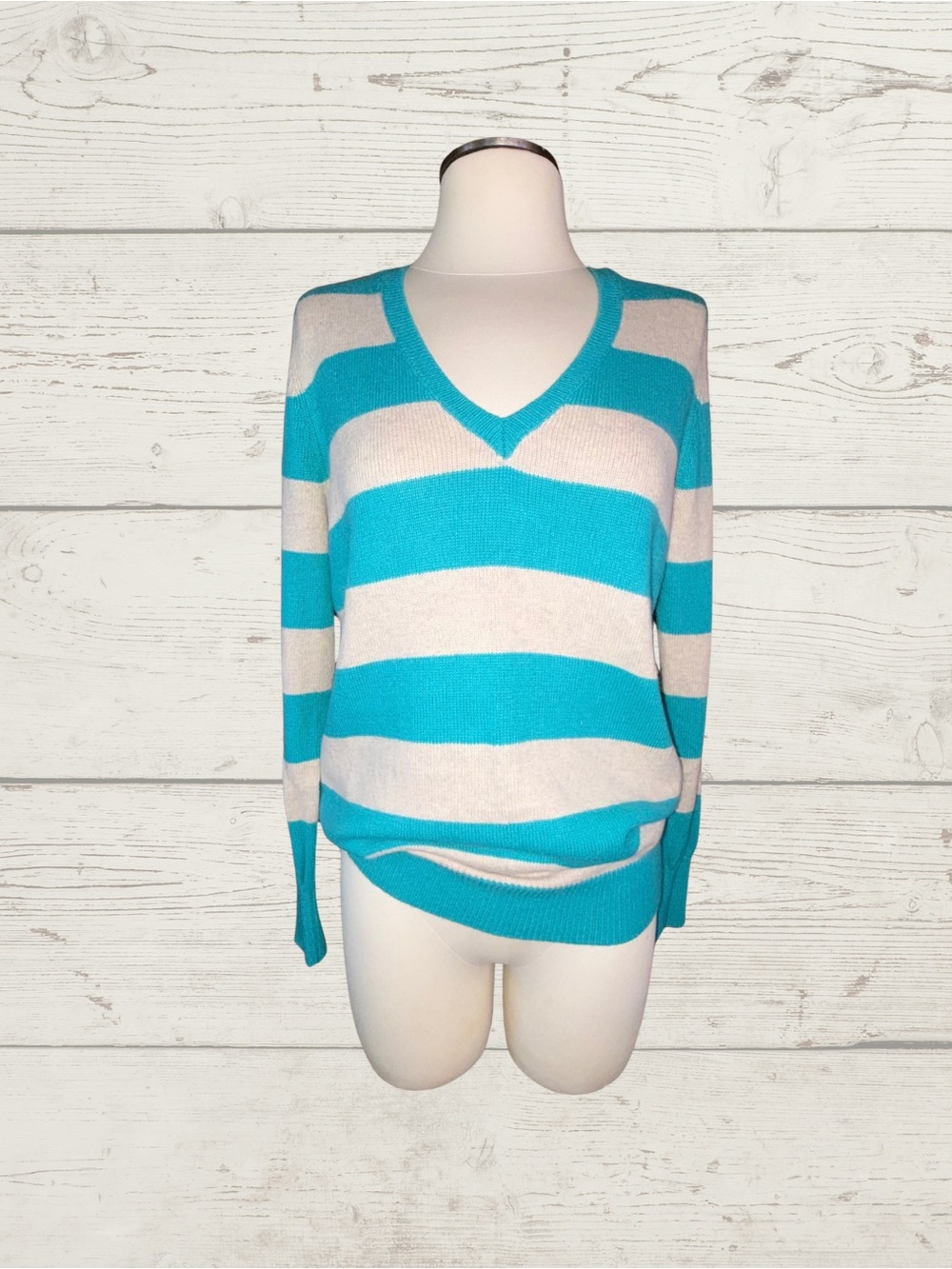 Old Navy Y2K Turquoise Rugby Stripe V-Neck Sweater Angora Blend L